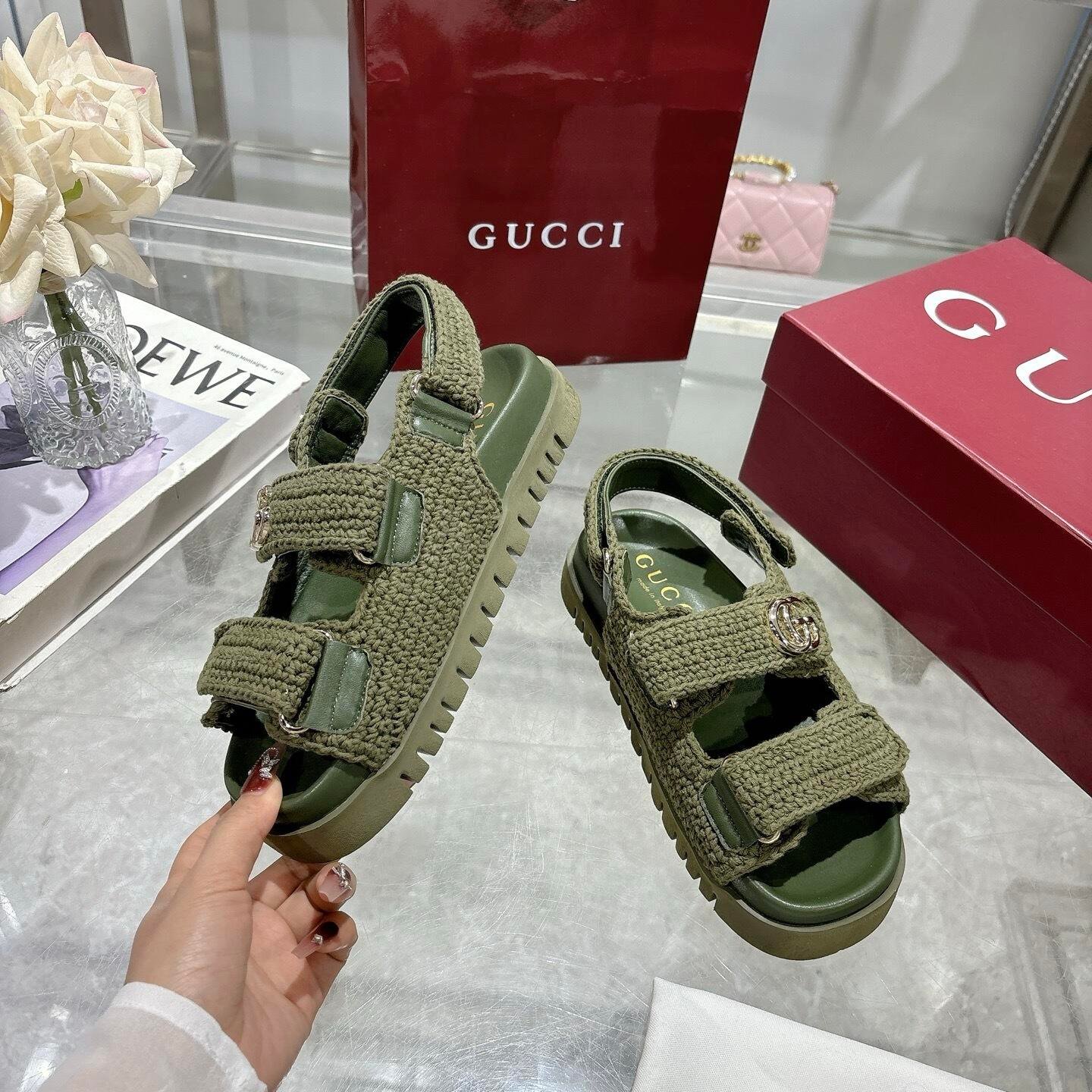 Gvc*1 Women Sandal With Double G Dark Green Crochet 835086 Faeq2 3037