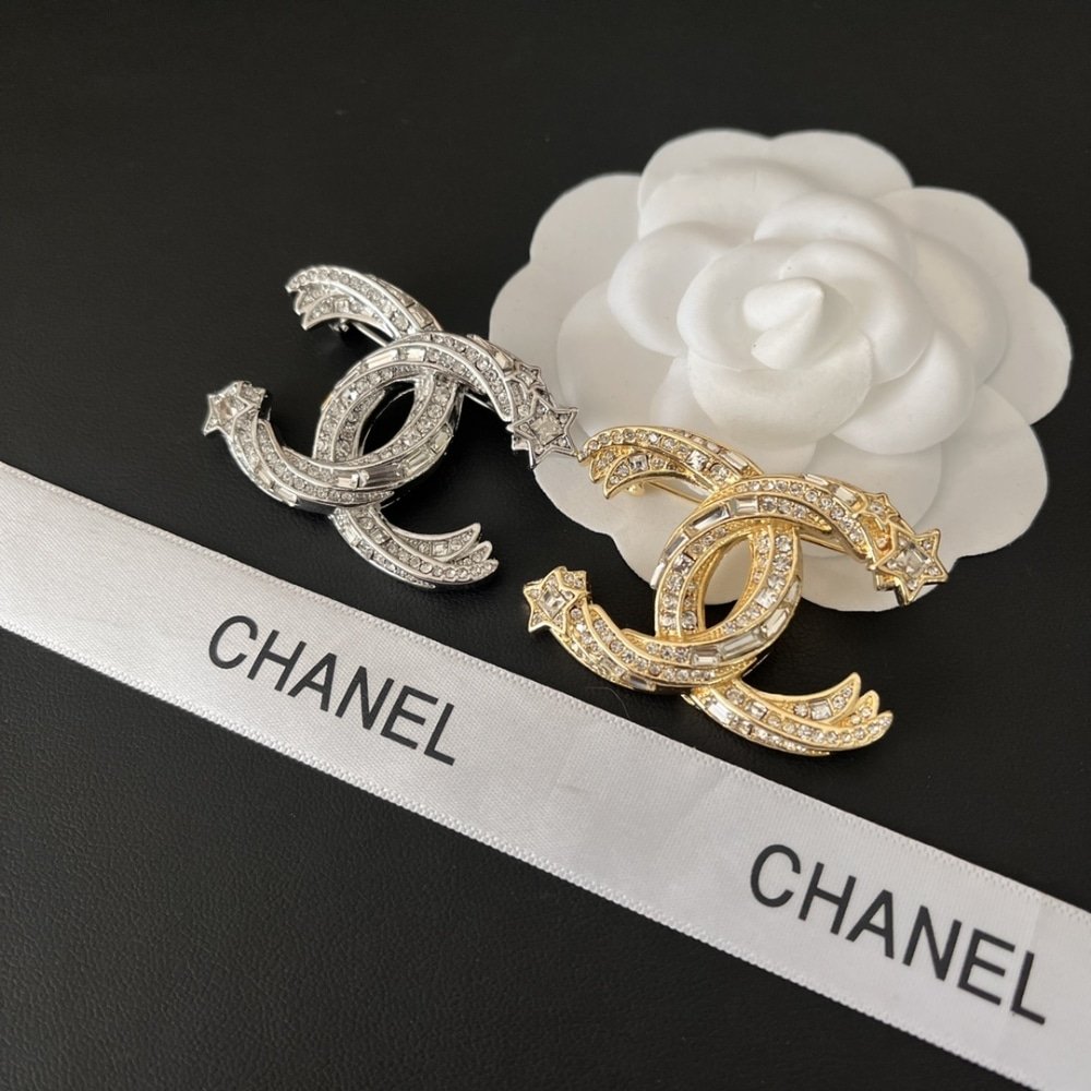 Ch**el Cc Brooch Silver With Stones Attached And Two Stars