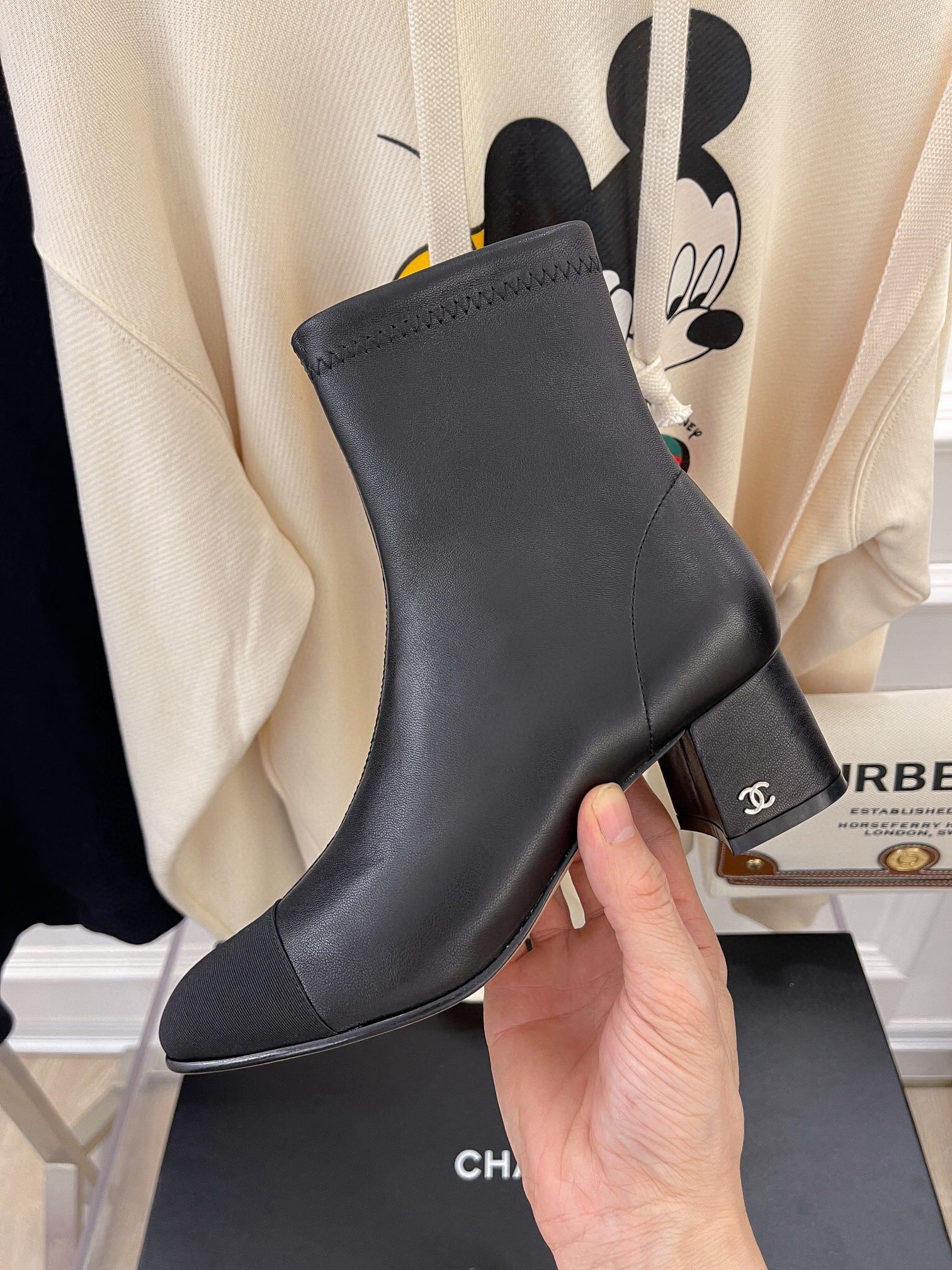 Ch**el Square Toe Leather Ankle Boots Shiny Black