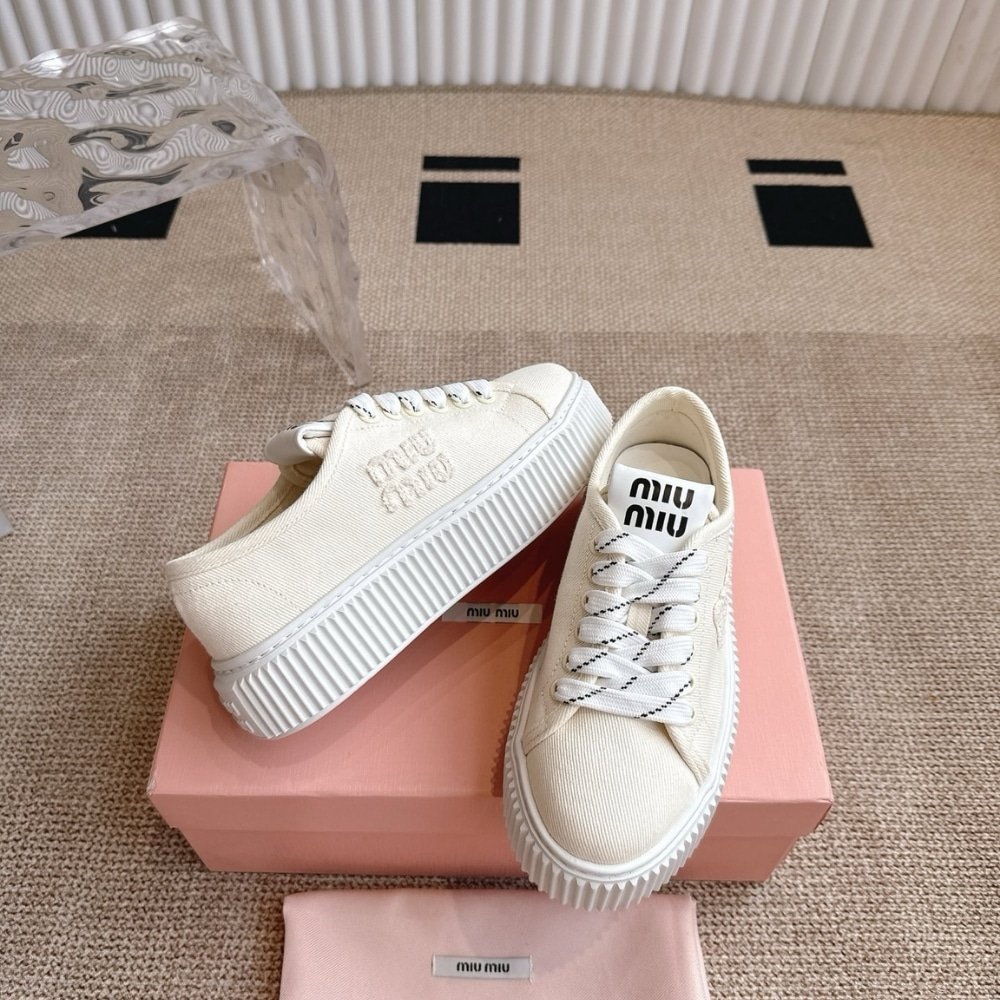 M1um1u Denim Sneaker With Logo Ivory 5E389E 3Ars F0304 F 005