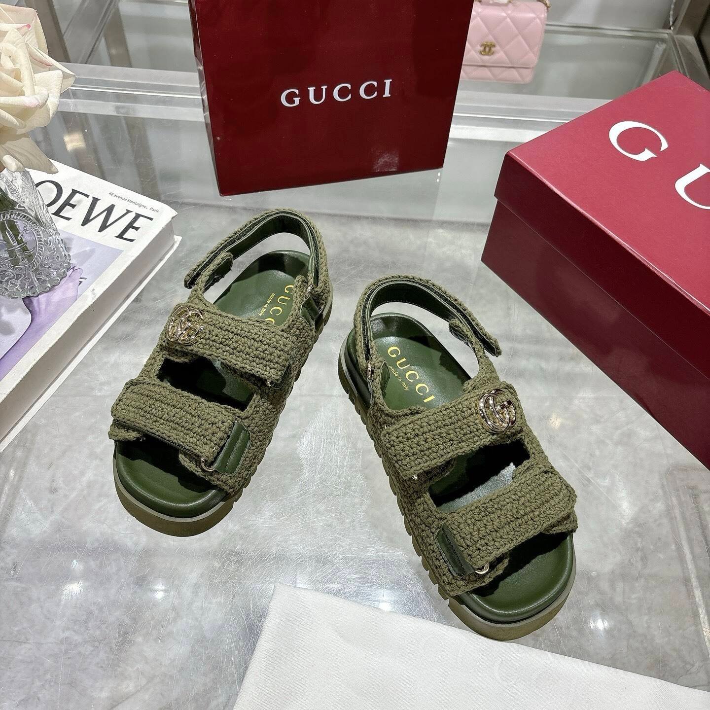 Gvc*1 Women Sandal With Double G Dark Green Crochet 835086 Faeq2 3037