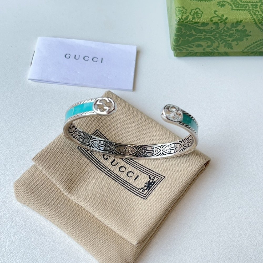 Gvc*1 Cuff Bracelet Interlocking Gg Sterling Silver Turquoise Enamel