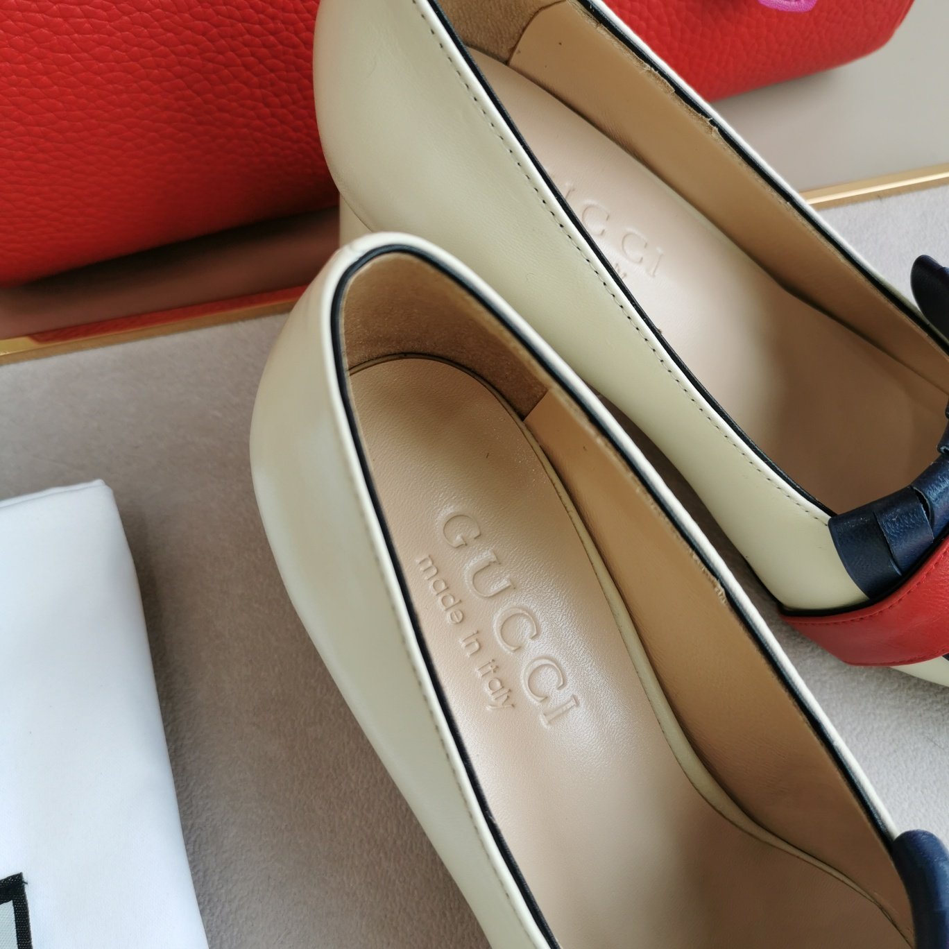 Gvc*1 Marmont Fringed Loafer Mid Heel White Blue Leather 408208 C9Dn0 9574