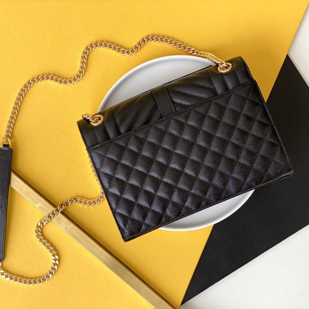 Sa1nt Lau*nt Envelope Medium In Quilted Grain De Poudre Embossed Leather Black Gold 24Cm 600185Bow911000