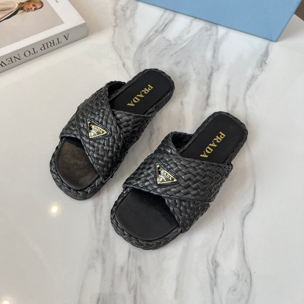Pra*a Raffia Crisscross Slides Black 1Xx750 027 F0002 F 020