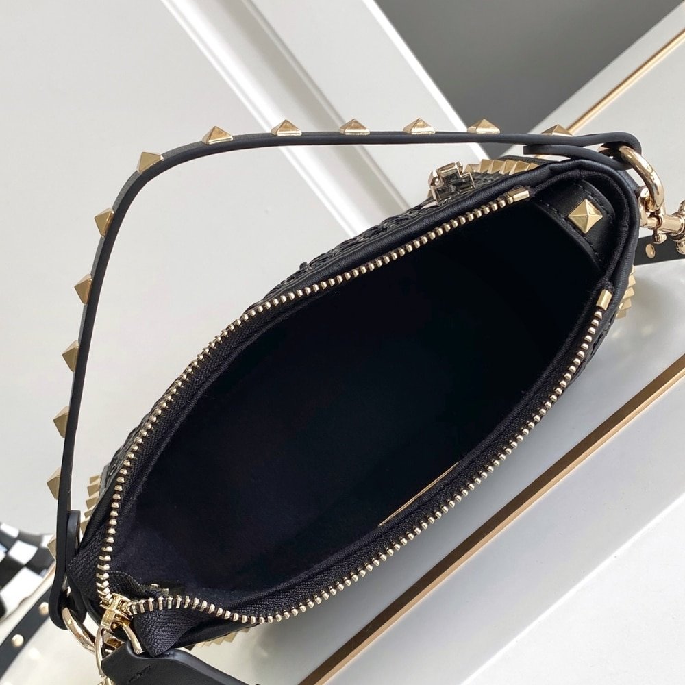 Va1e*ntin0 Garavani Rockstud Raffia Small Crossbody Bag Black 19Cm