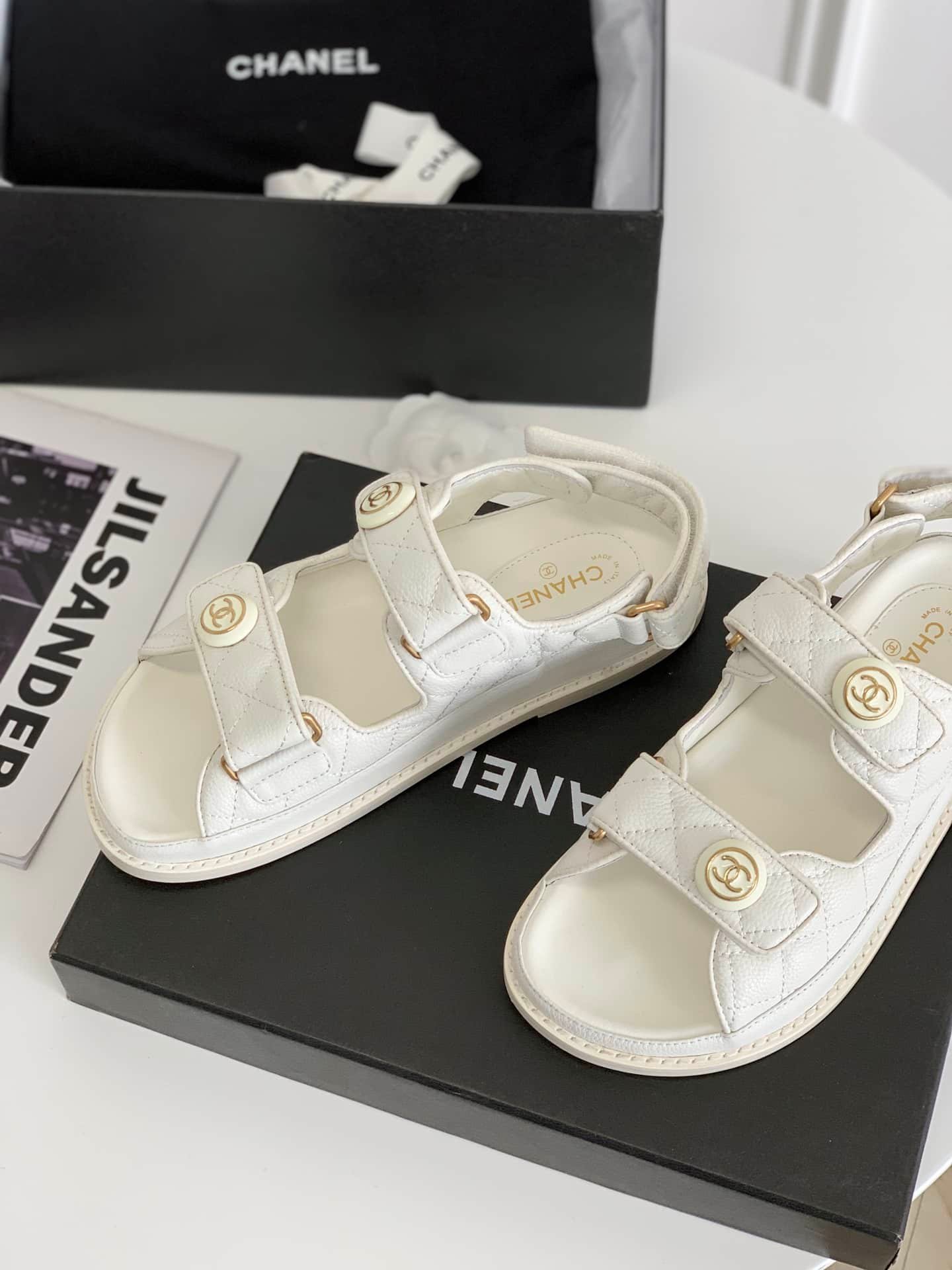 Ch**el Cc Button Velcro White Sandals Grained Calfskin Leather