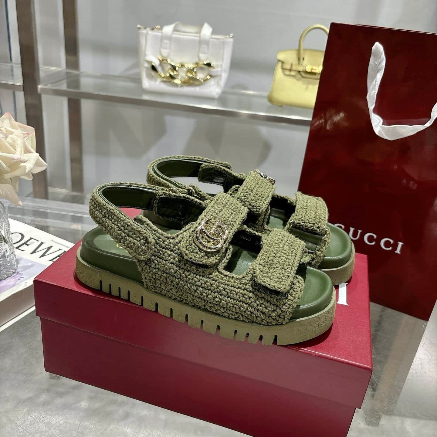 Gvc*1 Women Sandal With Double G Dark Green Crochet 835086 Faeq2 3037