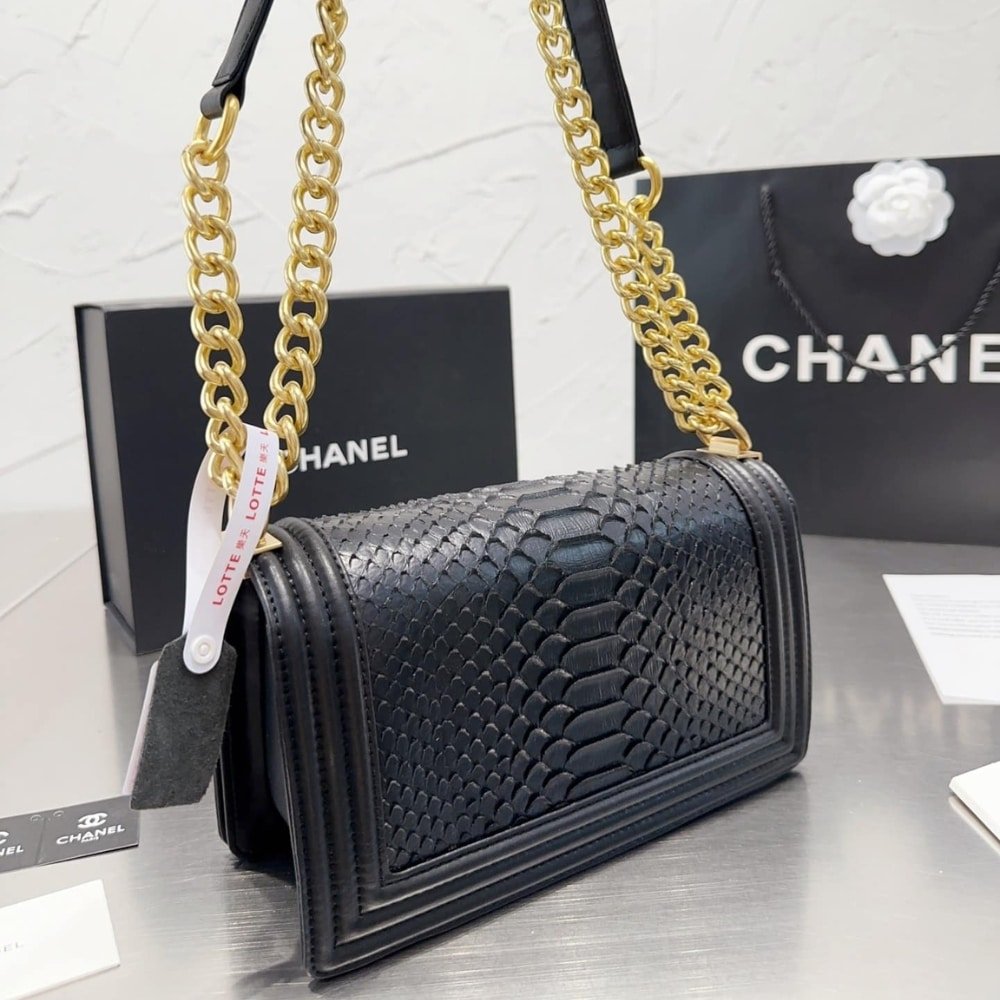 Ch**el Boy Flap Bag Snake Leather Black 25Cm