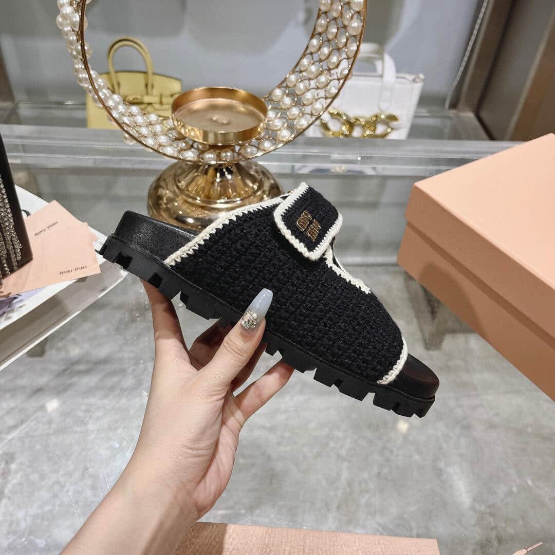 M1um1u Crochet Knit Slides Black