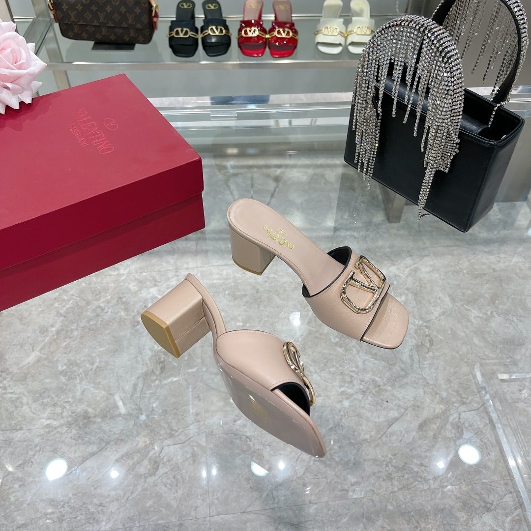 Va1e*ntin0 Vlogo Signature Square Toe Middle Heel Sliver And Poudre Slide Sandal