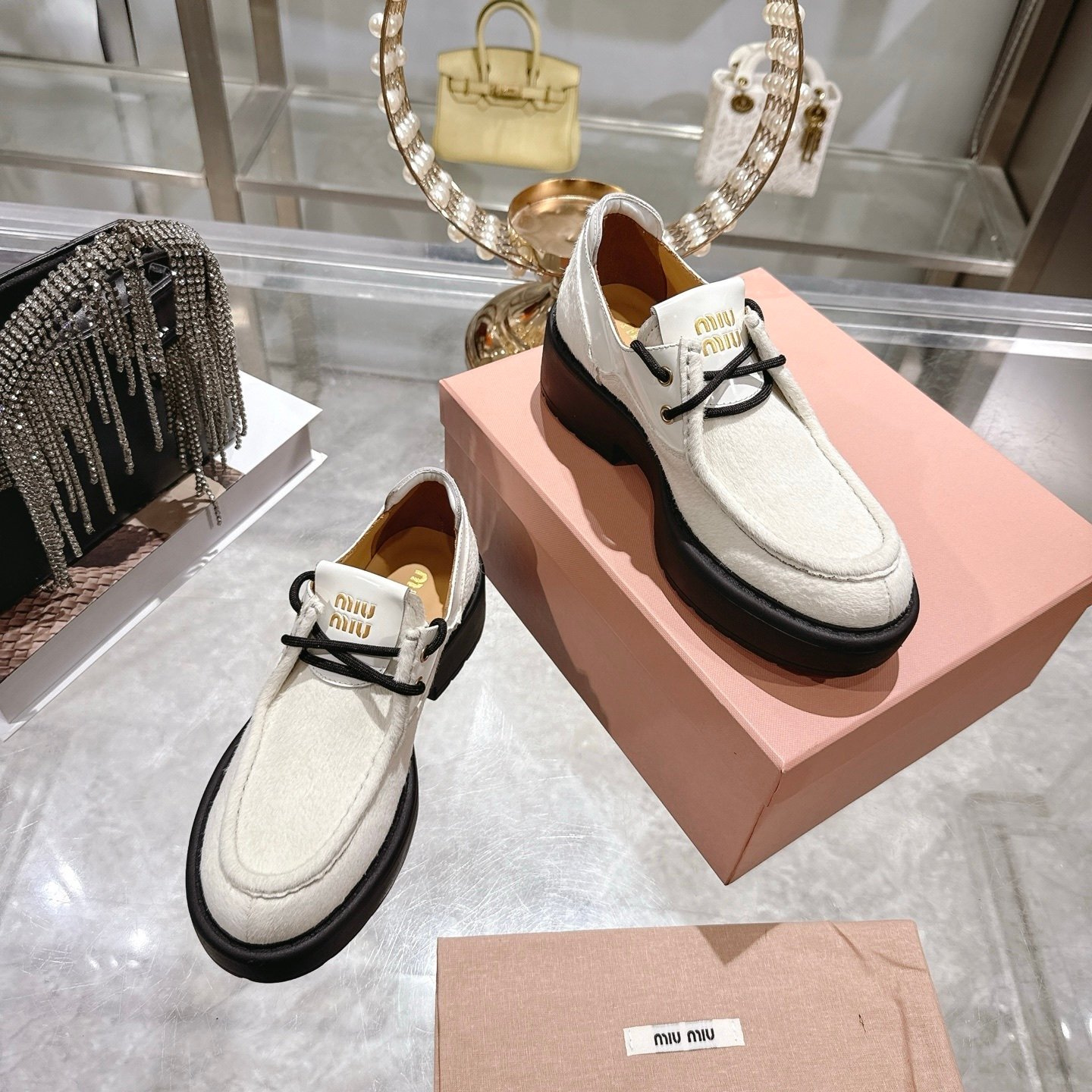 M1um1u Leather And Calf Hair Leather Laced Shoes Ivory 5E964D 2Hio F0304 F D055