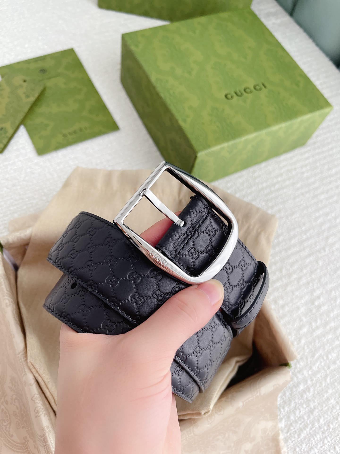Gvc*1 Calfskin Monogram Black Belt Silver Metal 4Cm