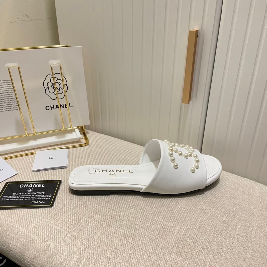 Ch**el Cc Pearl Slippers White