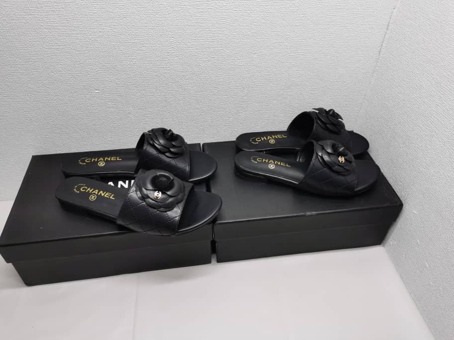 Ch**el Camellia Leather Slides Black