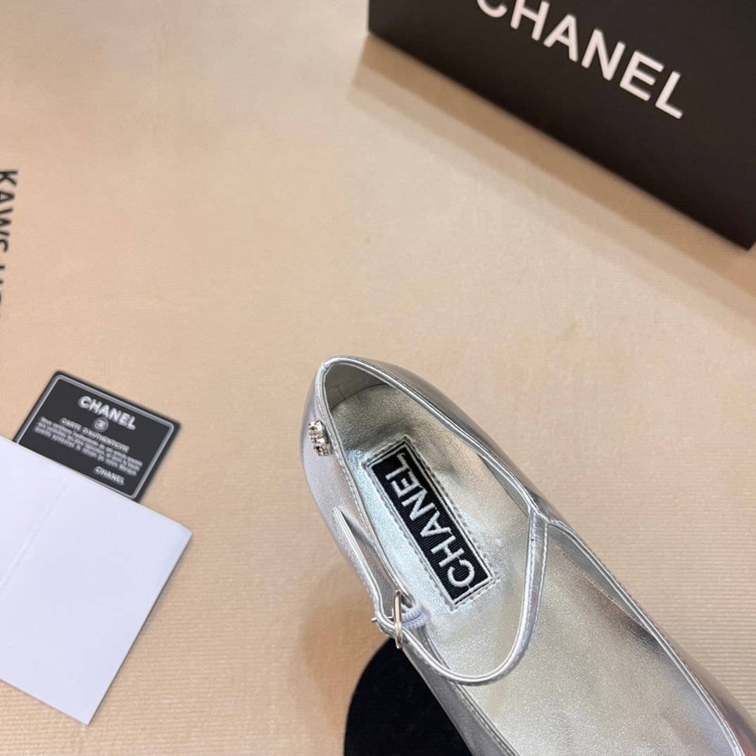 Ch**el Square Toe Ballet Flats Black Silver