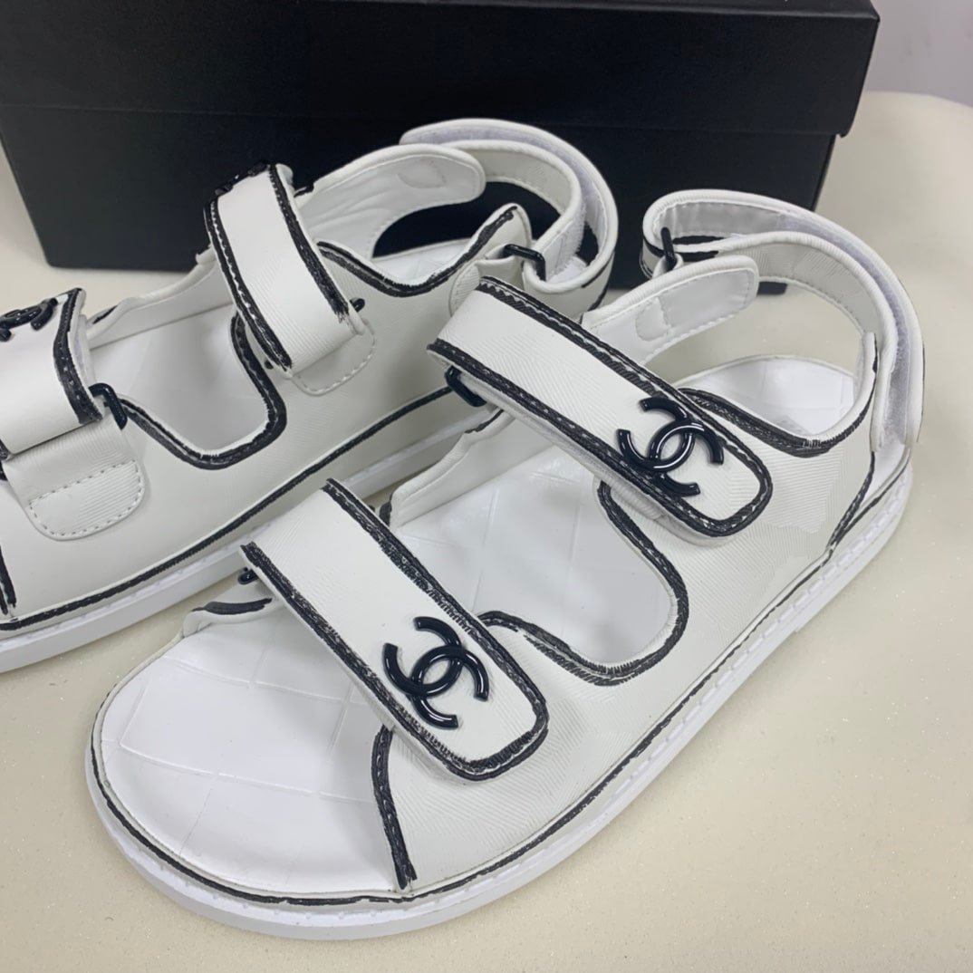 Ch**el Calfskin Printed Velcro Dad Sandals White Black