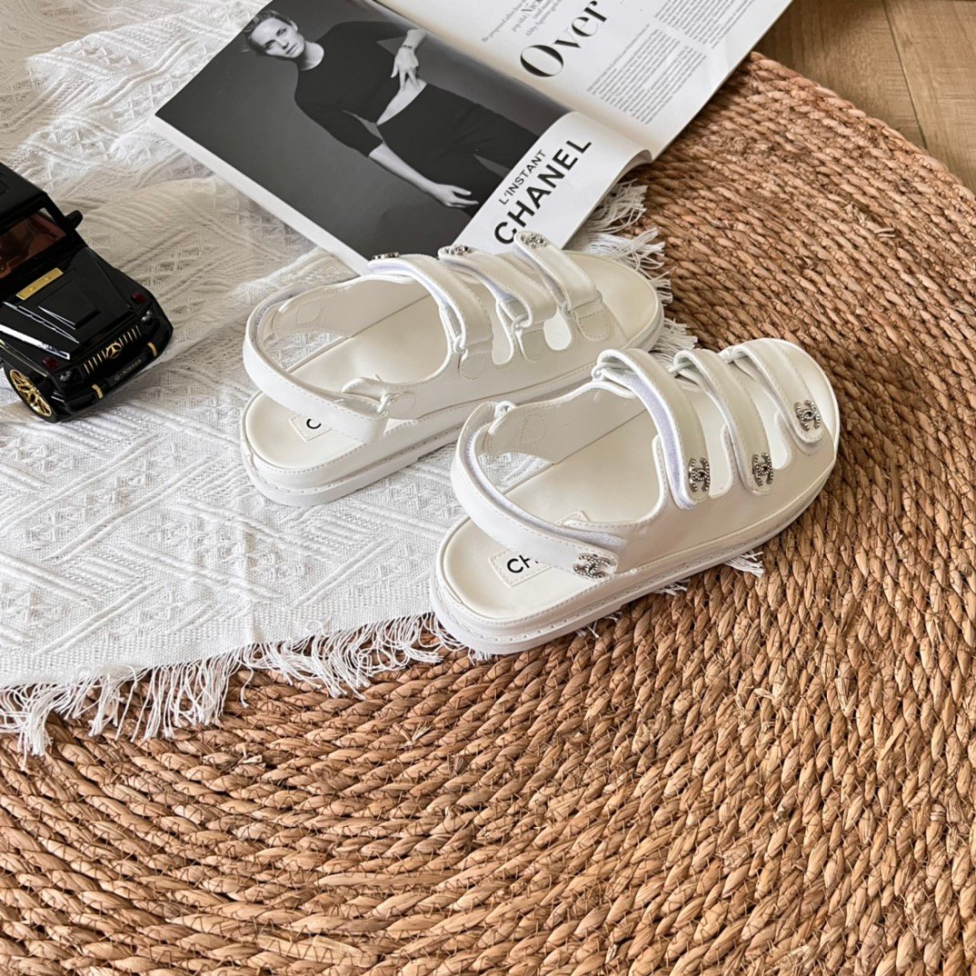 Ch**el Triple Velcro Strap Sandals White G45628