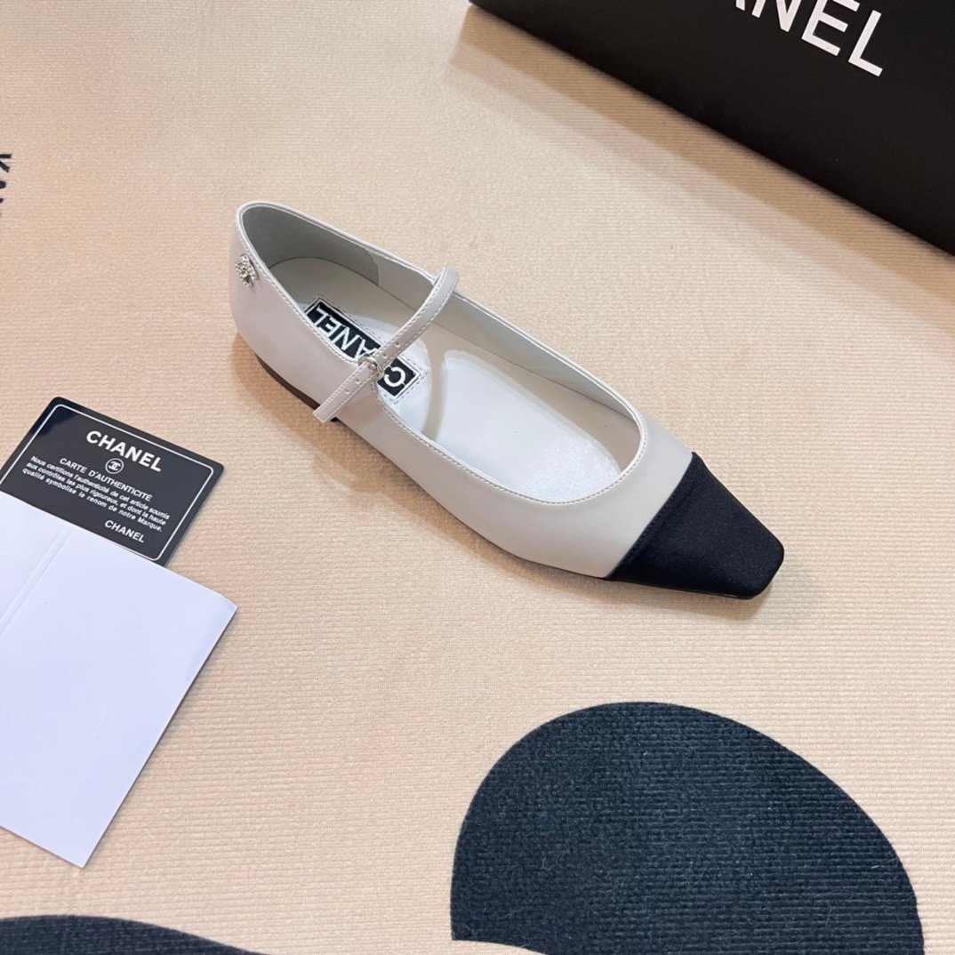 Ch**el Square Toe Ballet Flats Black White