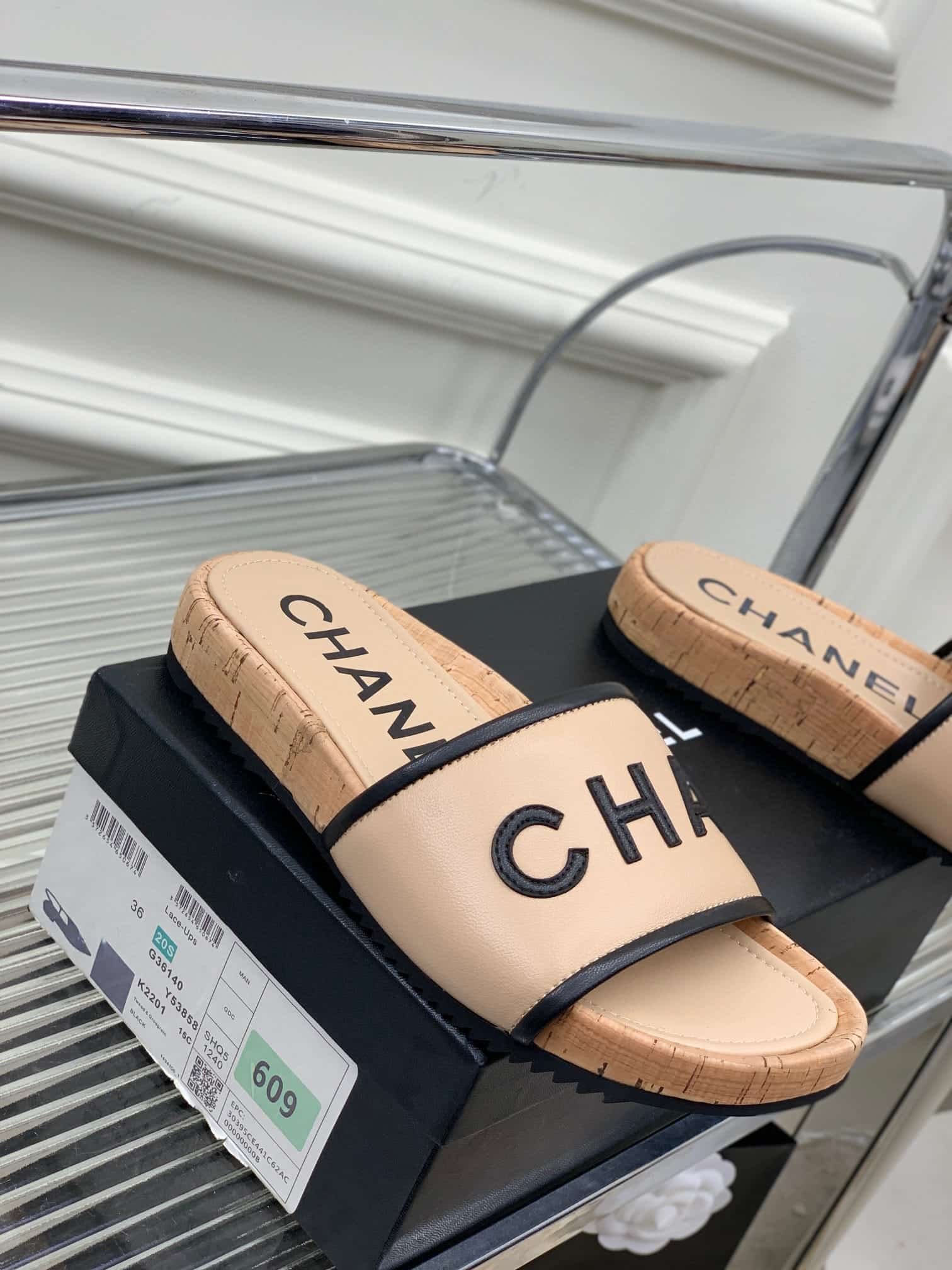 Ch**el Leather Logo Cork Slide Sandals Beige