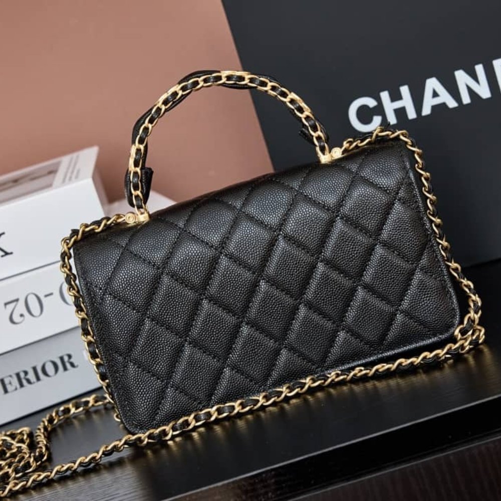 [S*per Vip 1:1] Ch**el Wallet On Chain Black Leather With Gold Tone Metal 18cm