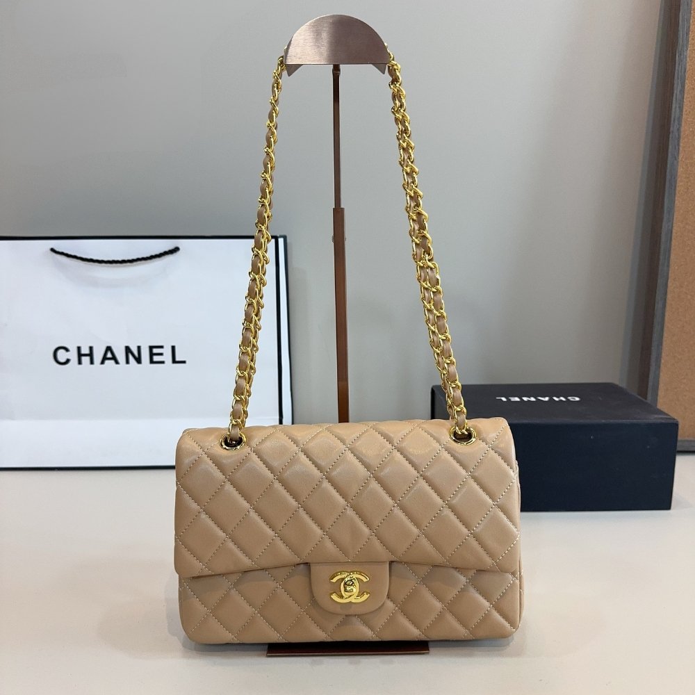 Ch**el Medium Classic Double Flap Beige Gold Hardware 25Cm