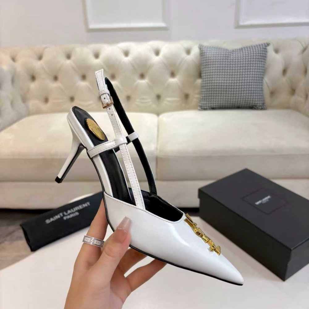 Sa1nt Lau*nt Pointed Toe Slingback Pumps With Gold Tone Metal White