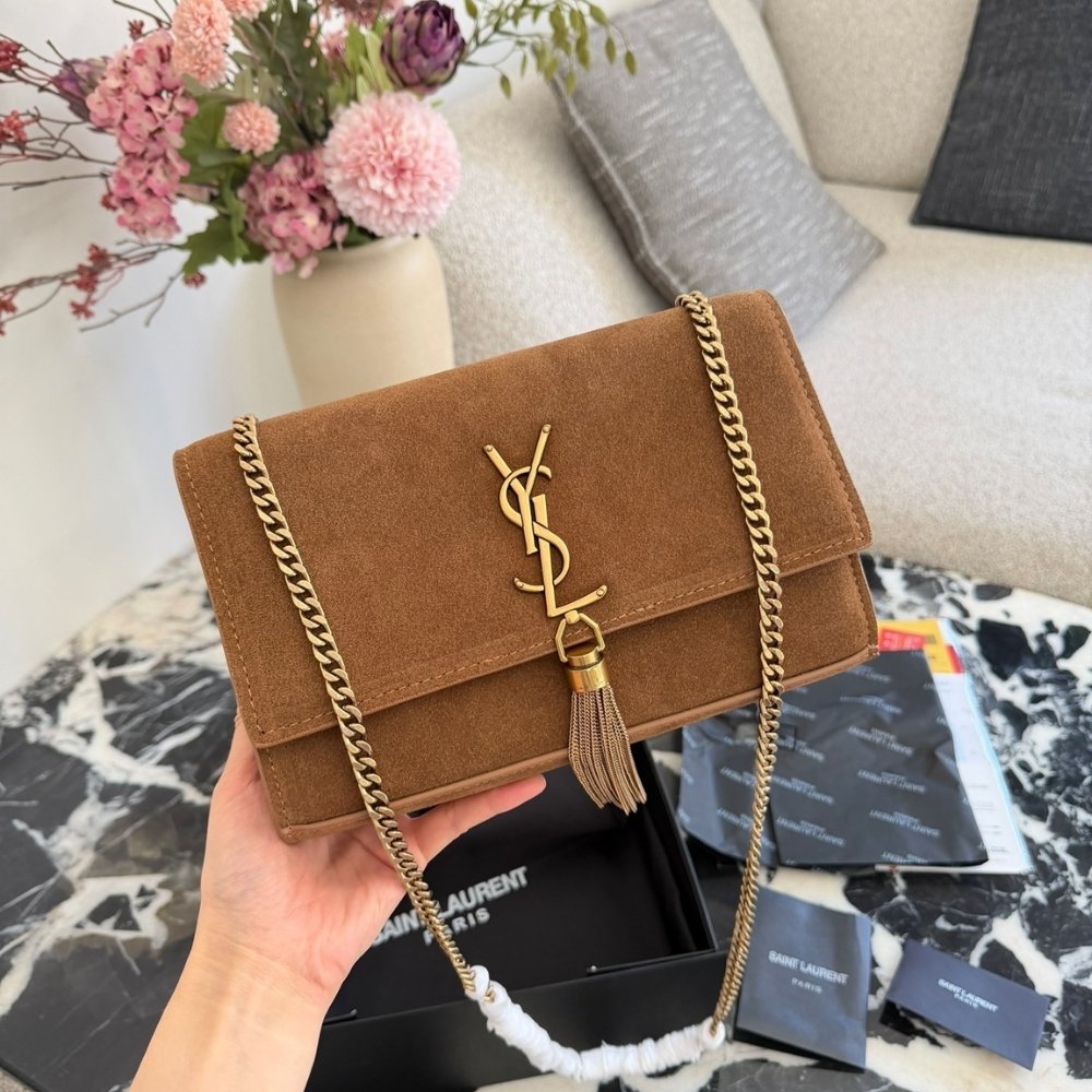 Sa1nt Lau*nt Kate Medium Tassel Crossbody Bag In Brown Suede Leather With Gold Tone 22Cm