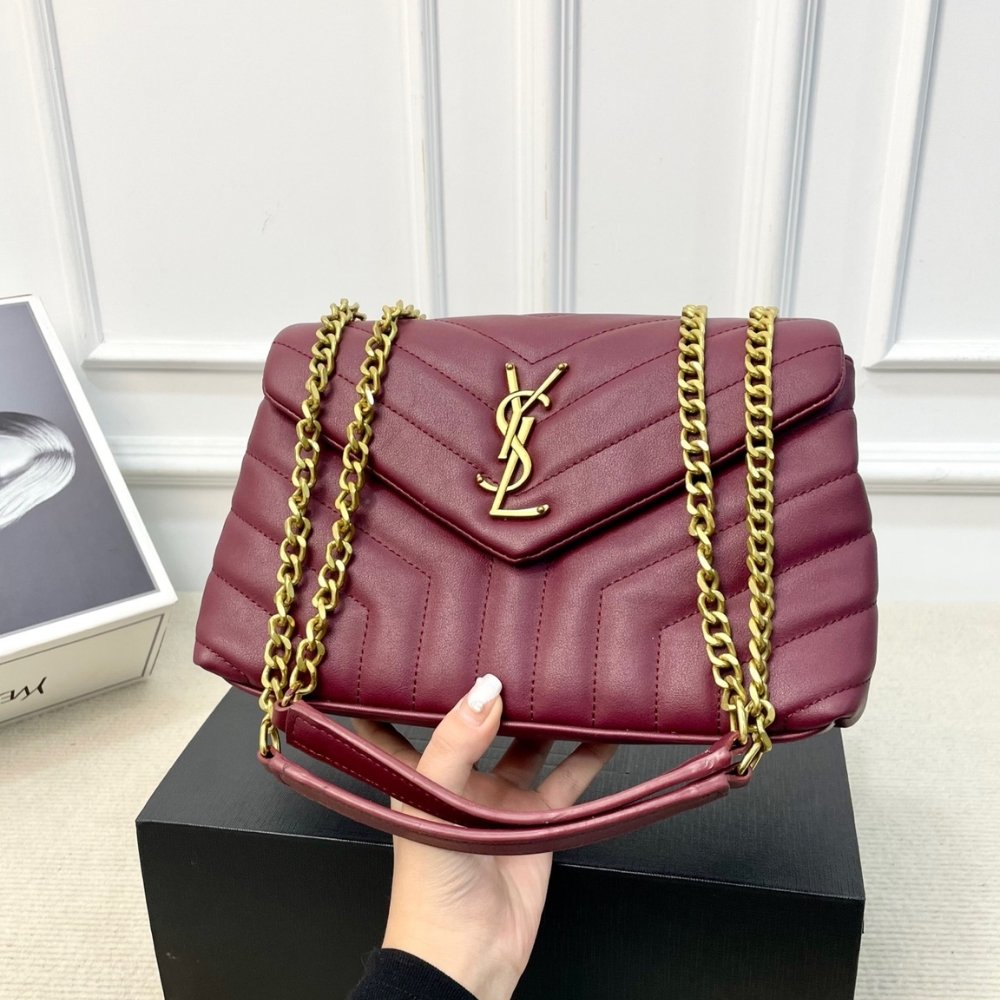 Sa1nt Lau*nt Loulou Medium Chain Bag In Matelassé Y Leather Burgundy Gold 26Cm