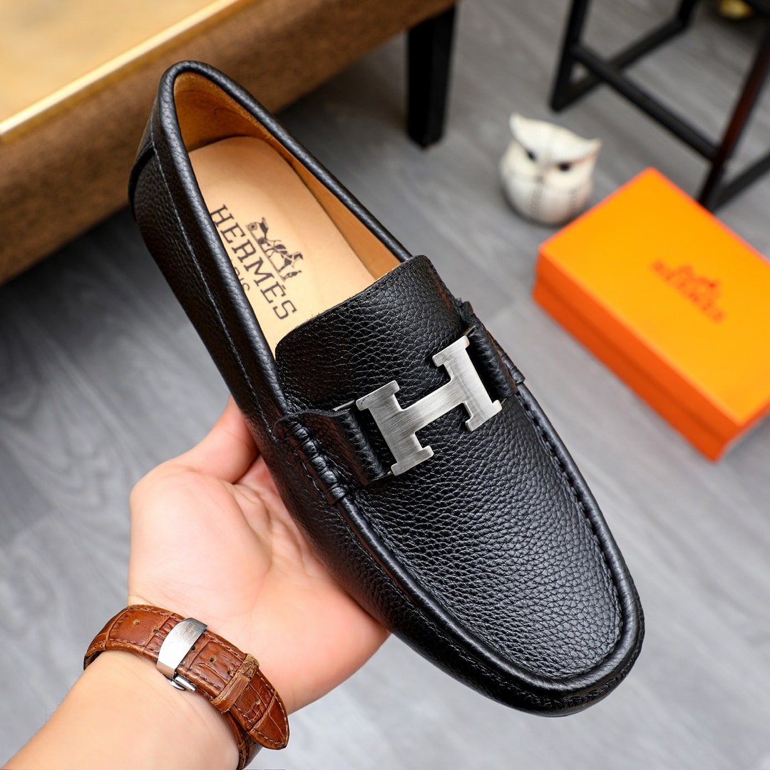 H**me5 Men’S Loafer Moccasin Leather With H Silver Black