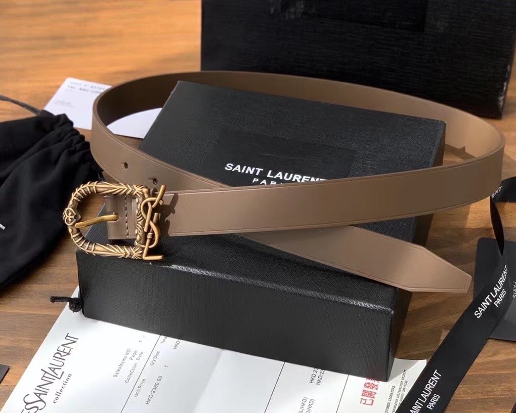 Sa1nt Lau*nt Monogram Celtic Leather Brown And Gold Belt 0400017970125