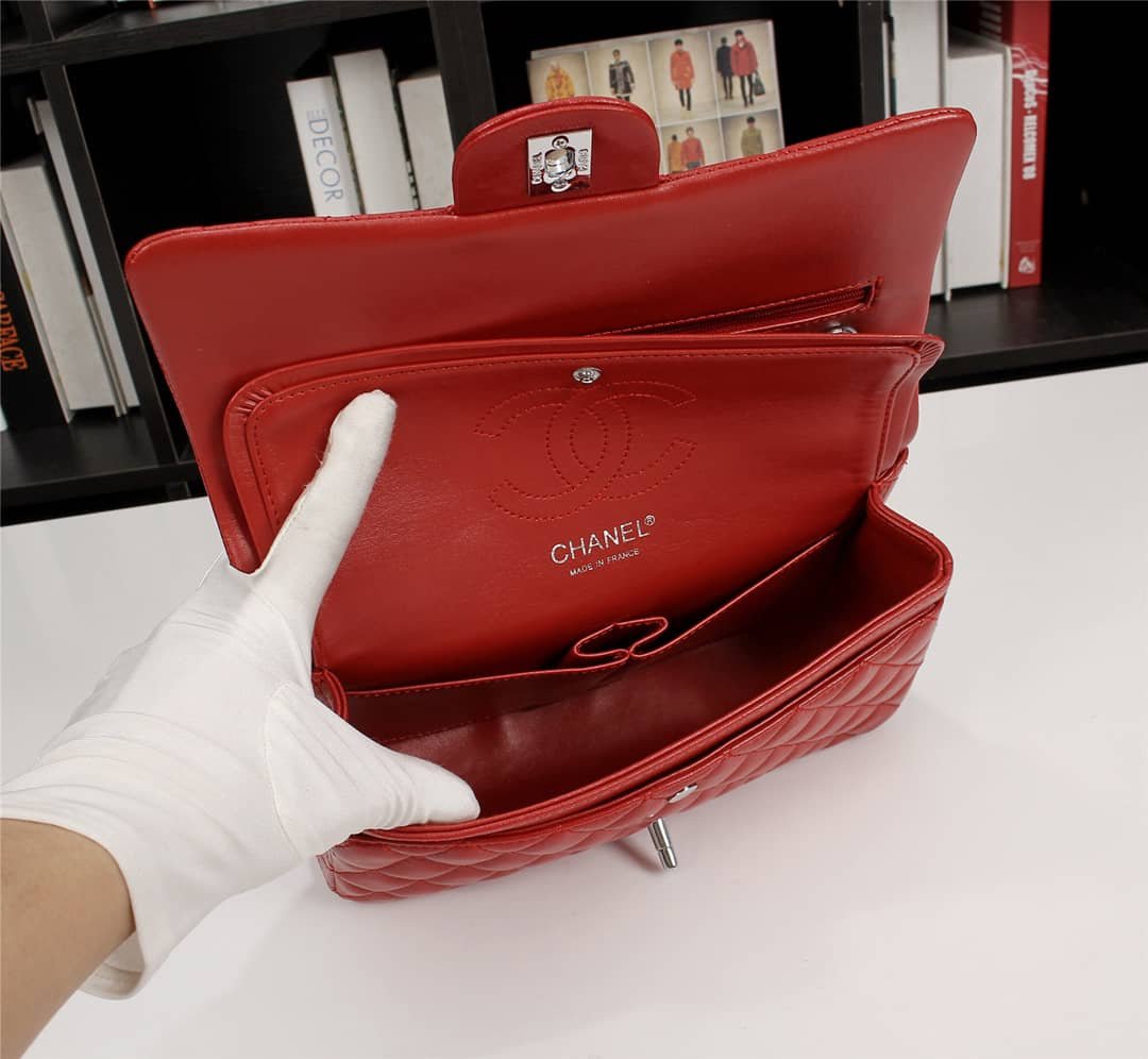 Ch**el Medium Classic Double Flap Red Silver Hardware 25.5Cm