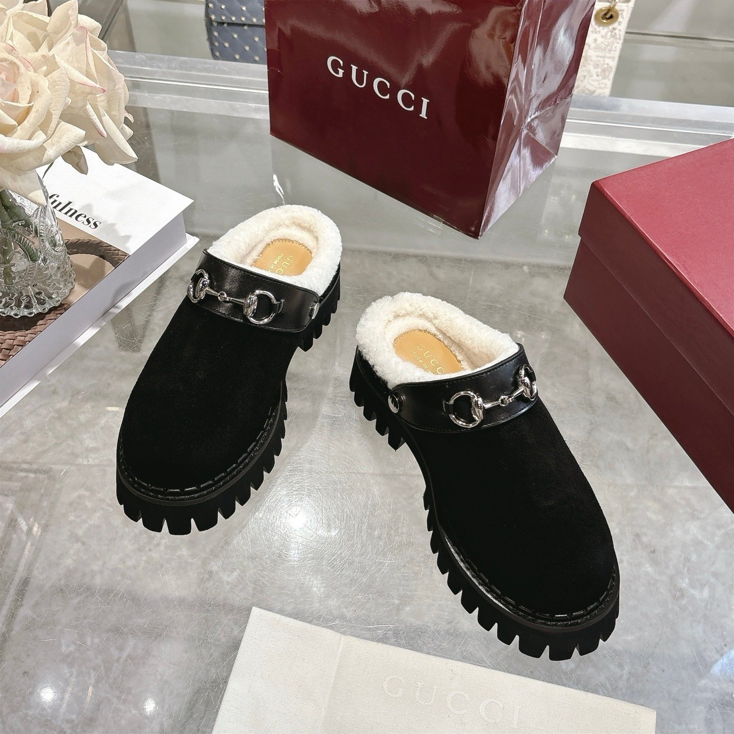 Gvc*1 Horsebit Shearling Mules In Black Suede