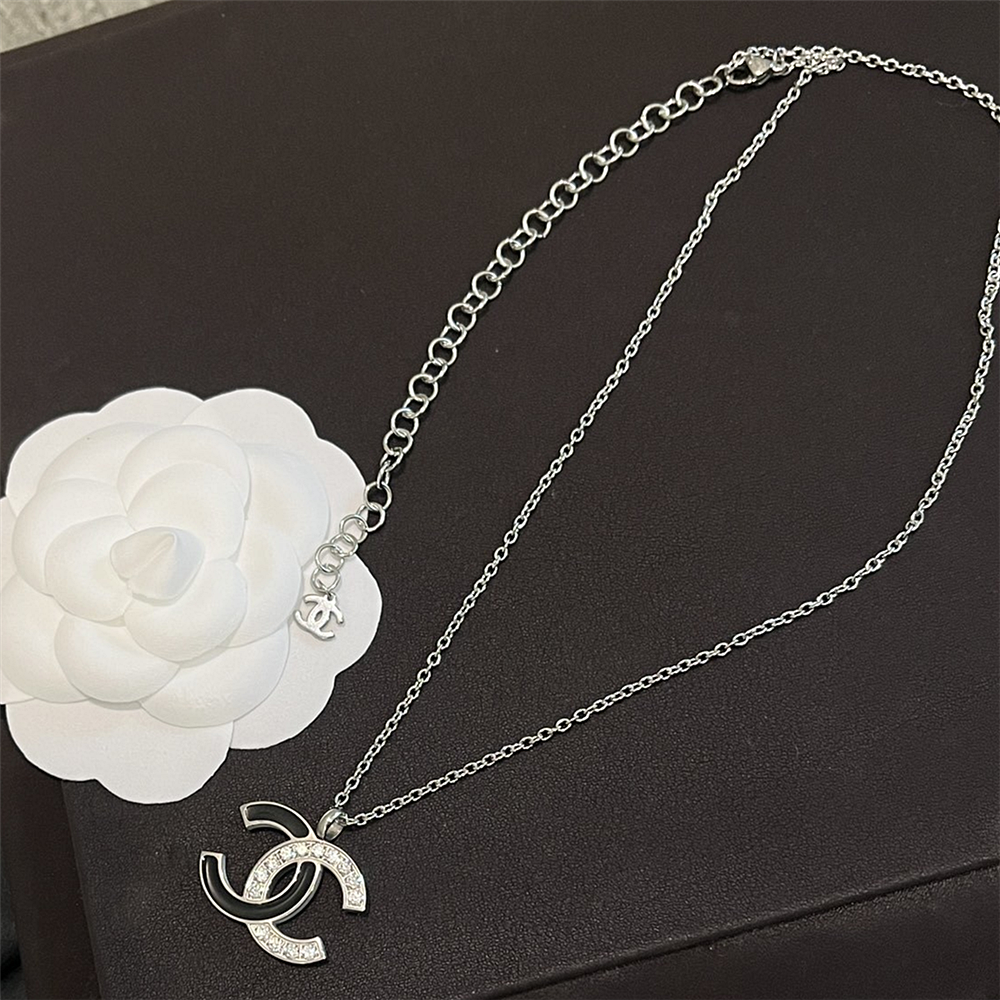 Ch**el Cc Logo Pendant Necklace White Stones And Black Enamel Silver