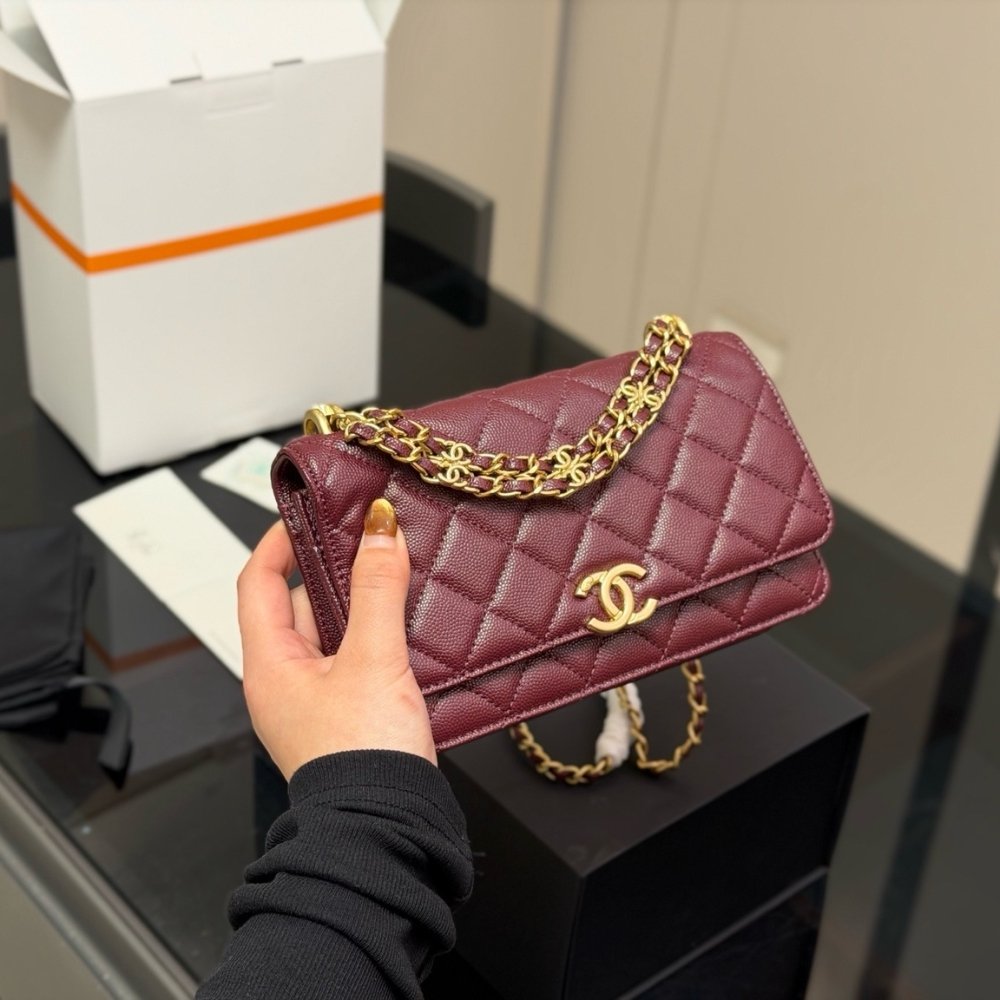 Ch**el Wallet On Chain Gold Tone Metal Dark Burgundy 19Cm