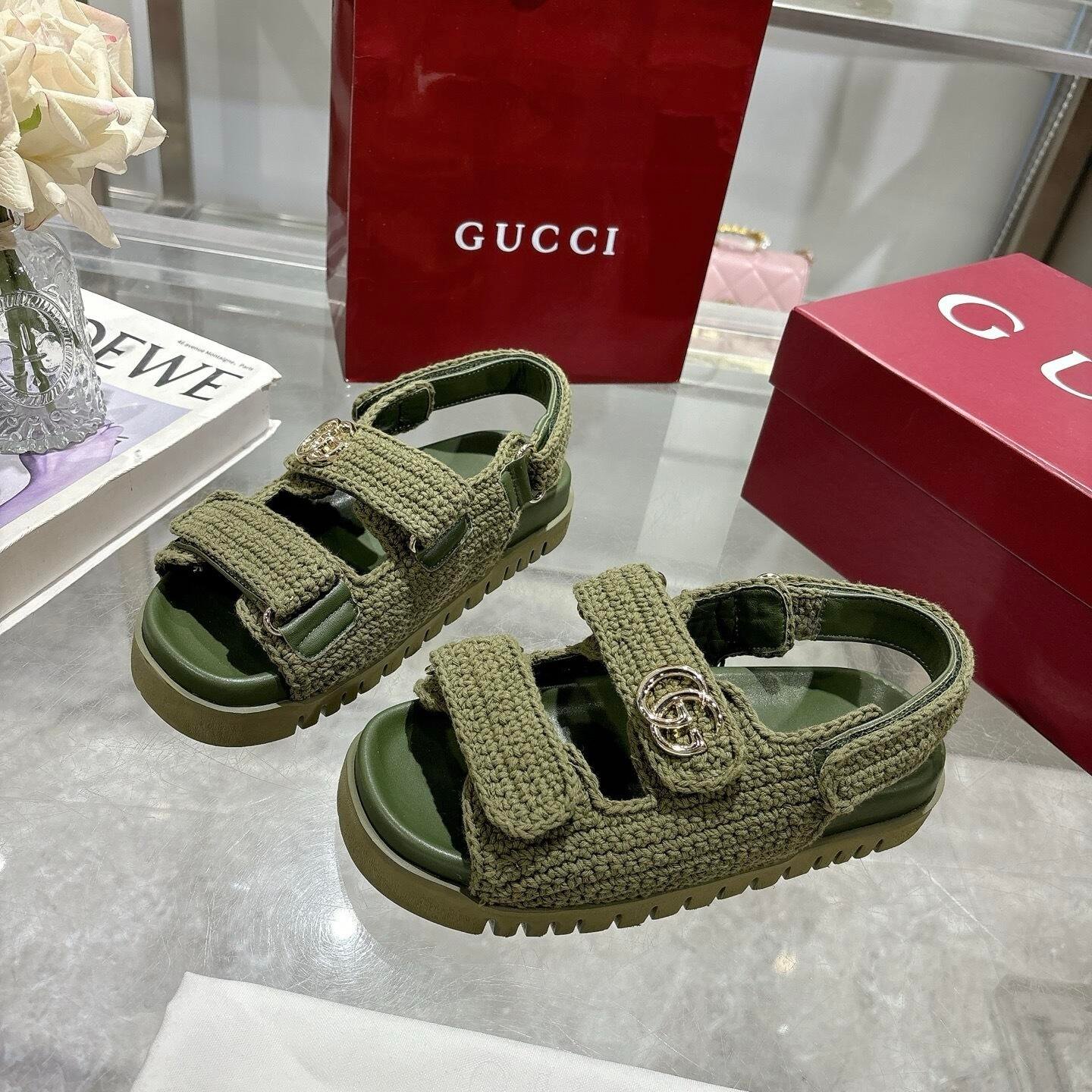 Gvc*1 Women Sandal With Double G Dark Green Crochet 835086 Faeq2 3037