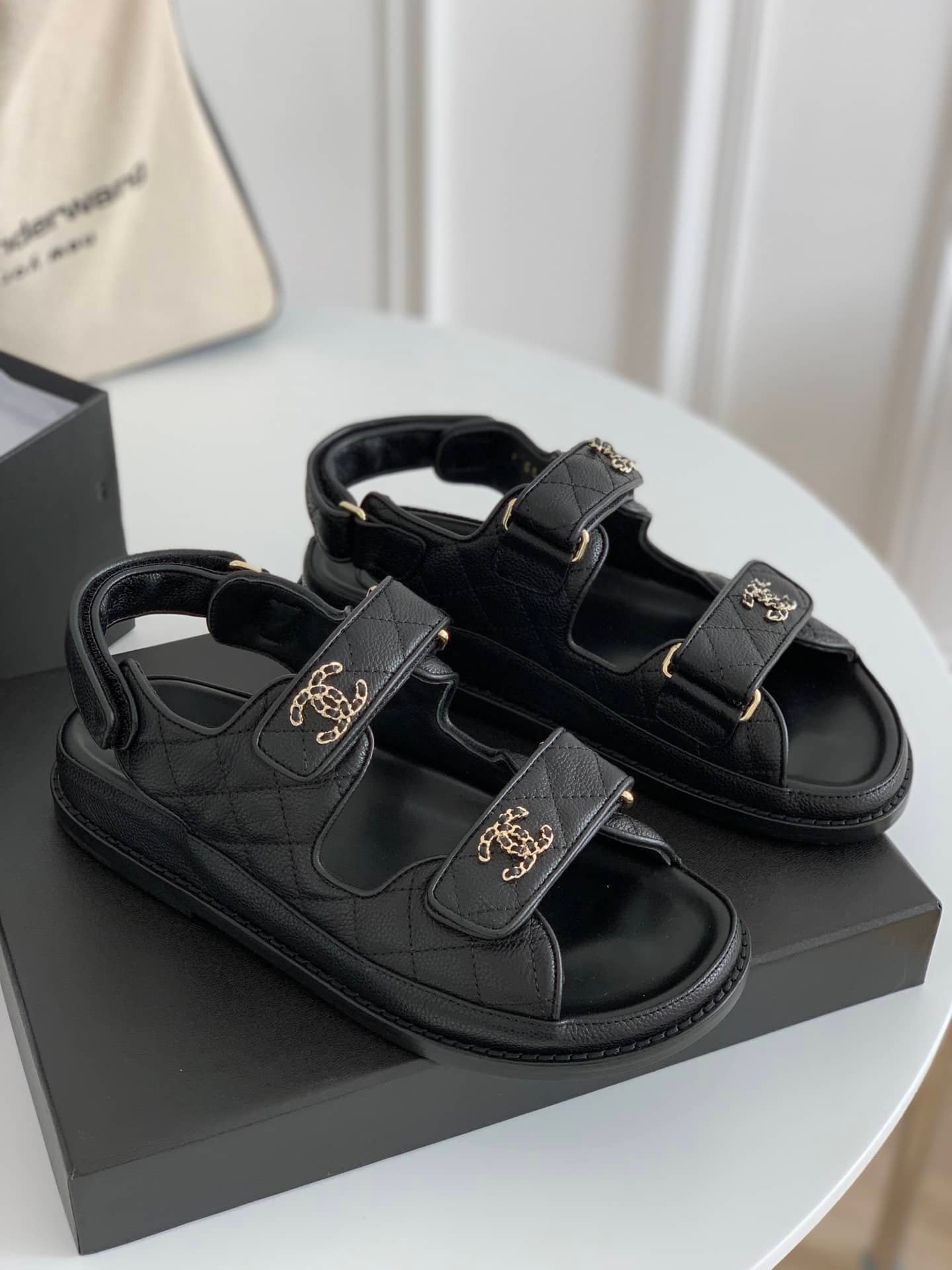 Ch**el Cc Button Velcro Black Sandals Grained Calfskin Leather