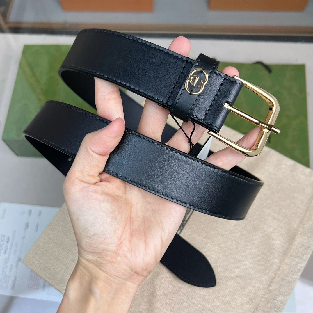 Gvc*1 Belt With Interlocking G Detail Black Leather 35Mm 673921 Ap00G 1000