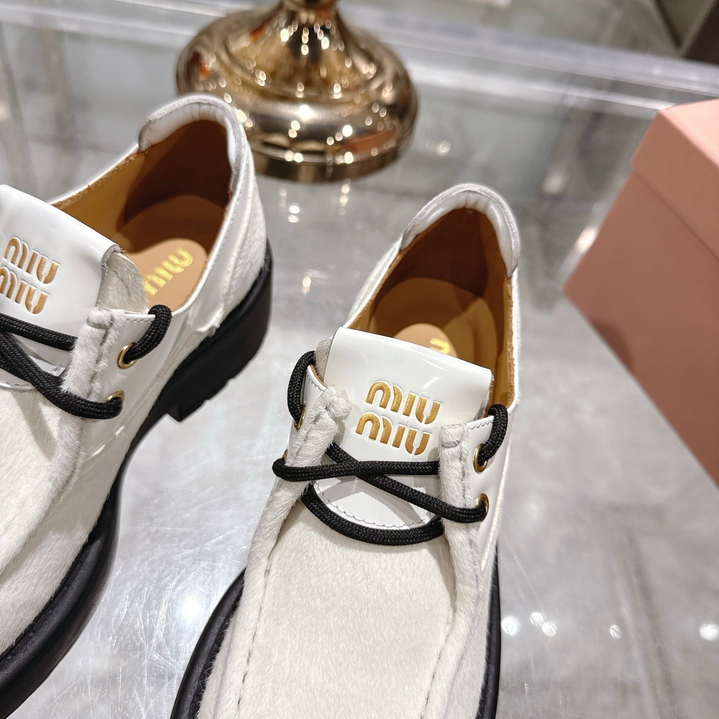M1um1u Leather And Calf Hair Leather Laced Shoes Ivory 5E964D 2Hio F0304 F D055